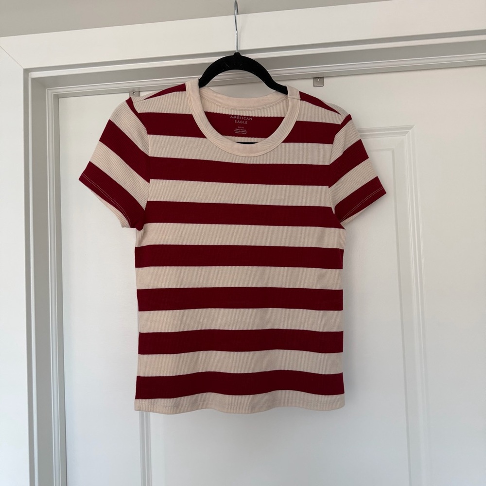 American Eagle Striped Short Sleeve Tee in Red and Cream